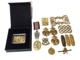 Masonic medal with 9ct gold mounts, Guernsey Bailiwick gold stamp, gilded one shilling coin pendant