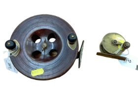 Eton Sun wood and brass fishing reel and a brass fishing reel by Charles Farlow dated mid 1800's, Th