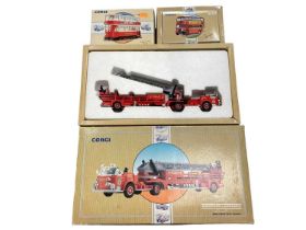 Die cast Corgi larger boxed models including fire engine, trams, coaches etc. In two boxes.