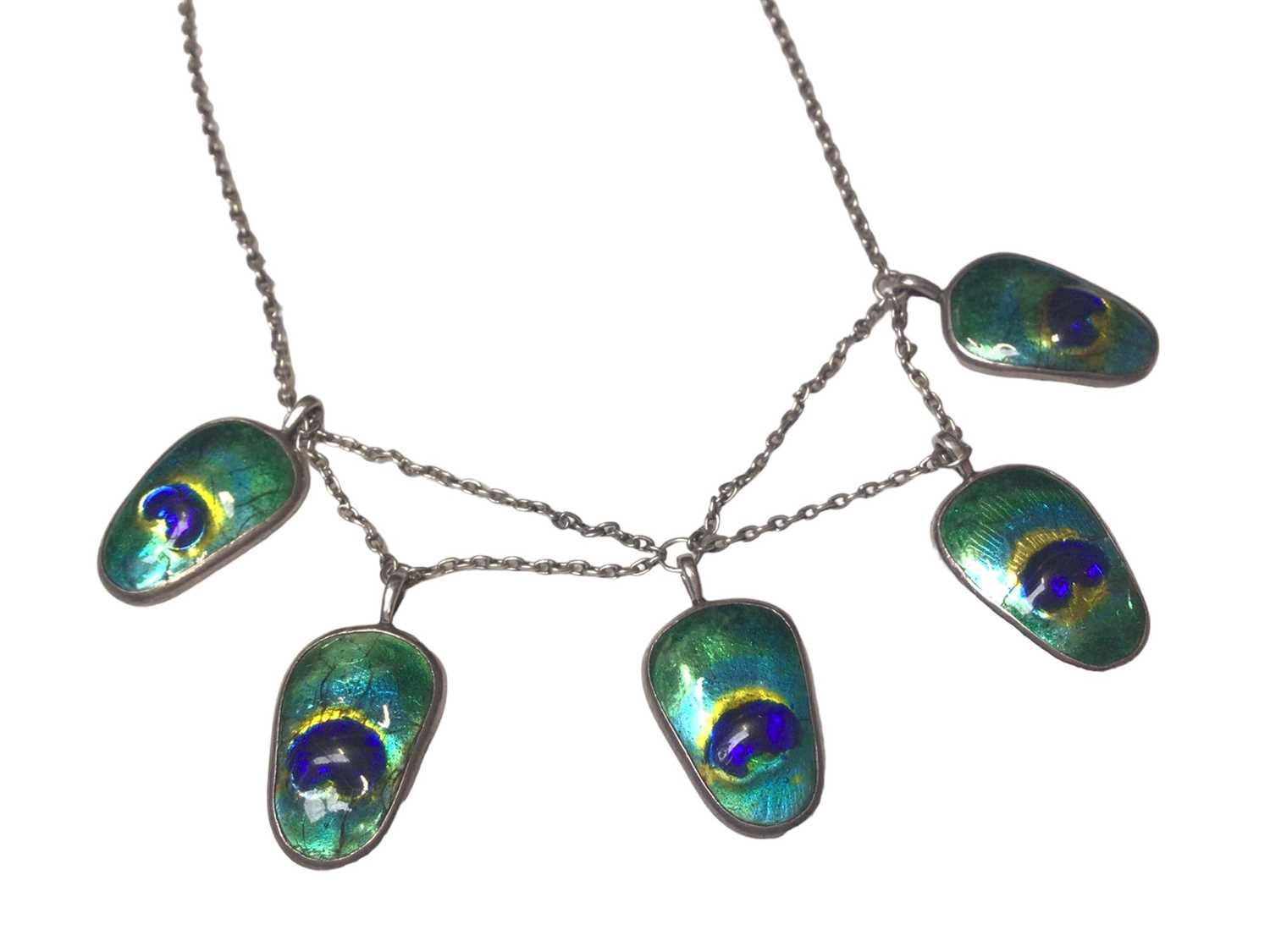 Art Nouveau style white metal and enamel necklace with five suspended pendants resembling peacock fe - Image 2 of 4