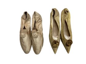 Two pairs antique ladies shoes, one leather pair and one silk pair