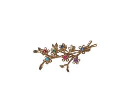 Gold and multi-gem floral spray brooch in 9ct gold setting, 45mm.