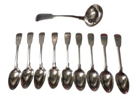 Four Georgian silver teaspoons, five Victorian silver teaspoons and a Victorian silver ladle