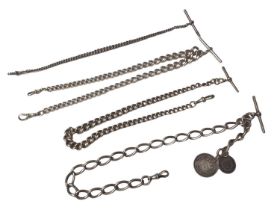 Four silver curb link watch chains, one with coin fobs