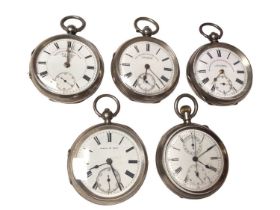 Five silver cased pocket watches
