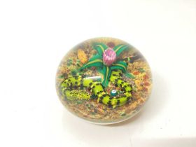 William Manson Snr signed glass paperweight, W.M cane, dated 2012, snake with flower