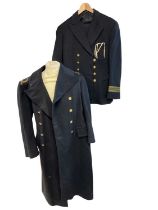 Second World War Royal Navy Great coat by Gieves Ltd, together with a Navy service jacket and trouse
