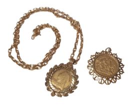 Two gold half sovereigns, 1895 and 1908, both in 9ct gold pendant mounts and a 9ct gold chain