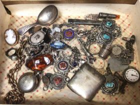 Group of antique and vintage silver and white metal jewellery, fobs, caddy spoon, vesta case, two pa