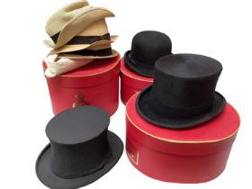 Men's hats including collapsible top hat, contemporary top hat, black bowlers hat, some straw hats a