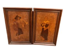 Good pair of Italian marquetry panels depicting figures in 18th century costume