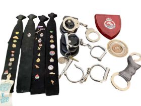 Collection of Police related items including handcuffs by Hiatt, other handcuffs, Essex Police helme