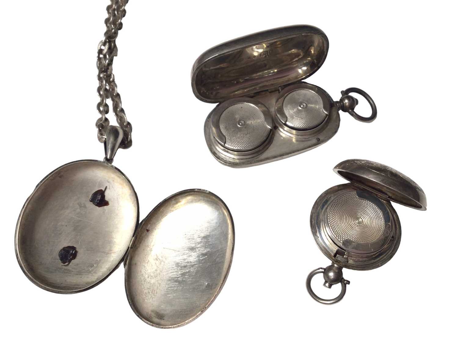 Victorian white metal oval locket with applied monogram on a later silver chain, together with two a - Image 2 of 4