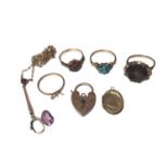 Group of 9ct gold jewellery to include three gem set dress rings, one other ring with stone missing,