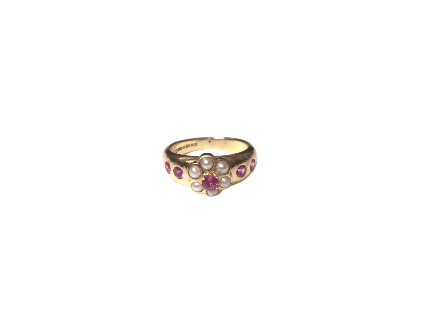Antique style 18ct gold pink stone and seed pearl flower head ring - Image 2 of 4