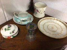 Group of ceramics and glass, including a Meissen pot, cover, cup and saucer, a continental enamelled