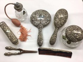 Silver mounted dressing table items, together with plated ware