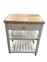 Contemporary kitchen chopping block unit/island with drawer and two shelves below on castors, 70cm w