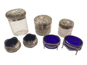 Victorian silver pot and cover, two silver mounted glass jars, pair of silver salts with blue glass