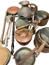 Antique copper saucepans, antique copper flagon/measures, warming pans and various antique metal war