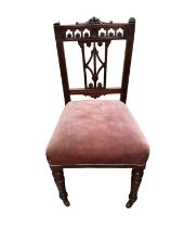 Set of six late Victorian walnut dining chairs with pierced splat backs and pink upholstered seats o