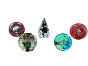 Five Caithness paperweights - Vortice White, Vortice Red and Black Pyramid Twist by Helen Macdonald,