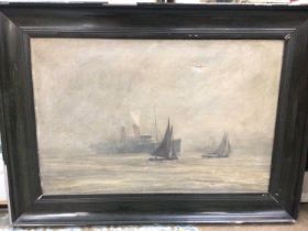 Kenneth Lund, early 20th century oil on canvas - 'The RMS Lucania in a fog in the Mersey', signed, t