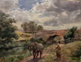 G Grolly (early 20th century) watercolour, Tow path, 20 x 26cm, glazed frame