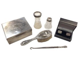 Silver cigarette box, pair of silver cufflinks, silver rimmed glass perfume bottle and posy vase, si