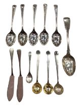 Group of silver teaspoons, salt spoons and two butter knives
