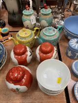 Pair of Chinese Republic period vases and covers, two Chinese teapots, various bowls and three Japan