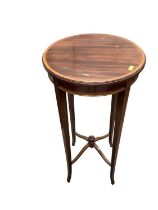 Edwardian inlaid mahogany occasional table on square taper legs joined by X frame stretchers, 36cm d