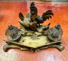 Antique Black Forest carved desk inkstand decorated with cockerel, hen and chicks, twin glass inkwel