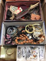 Group of costume jewellery including 9ct gold cased wristwatch and a vintage suitcase containing sun