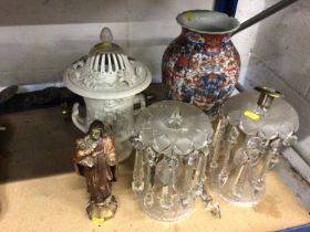 Pair of glass lustres, Parian ware urn, carved religious figure, and an Imari vase