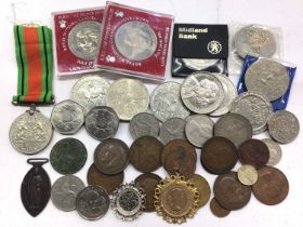 WWII Defence medal, two coin pendants and other various coins