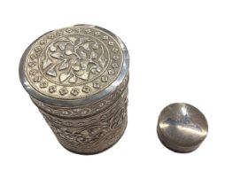Eastern white metal pot and cover with floral scroll decoration and Iraqi white metal Neillo pill bo