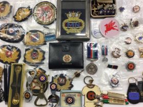 Collection of Merchant Navy and other shipping cloth badges, enamelled pins, cufflinks, keyrings etc