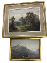 19th century oil on panel, extensive landscape, 14 x 19cm, and an oil on canvas landscape, both fram
