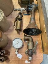 Brass whistle, copper Kockums horn, gauges and other items (4)