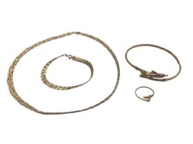 9ct three colour gold woven necklace and matching bracelet together with a 9ct gold dolphin bangle a