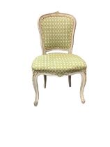 Set of six French style dining chairs with cream and green upholstered seats and backs on cabriole f