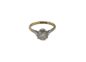 Synthetic single stone ring in platinum claw setting on 18ct yellow gold shank, size O½