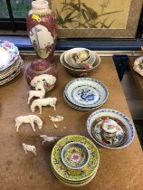Group of Chinese ceramics, including white glazed horses, rice bowls, etc