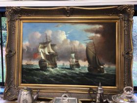 18th century-style oil on canvas - British Man o' War and other shipping at sea, in gilt frame