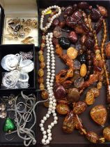 Amber and amber type bead necklaces, cultured pearl necklace and bracelet, Swarovski rose brooch, cl