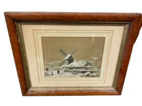 Victorian watercolour of a snowy scene, and various other works, framed