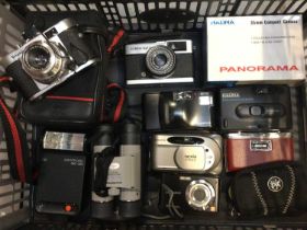 Box of vintage and later cameras and accessories