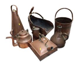 Group of copper including a coal scuttle, bucket, large kettle, two warming pans etc