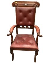 Regency Gothic influence mahogany elbow chair with high back, red leather buttoned upholstery on spl